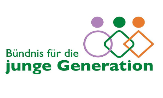 Schriftzug &quotBündnis für die junge Generation" neben 3 Symbolfiguren.