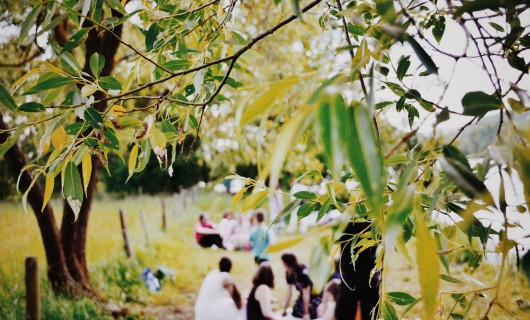 Menschen picknicken in der Natur.