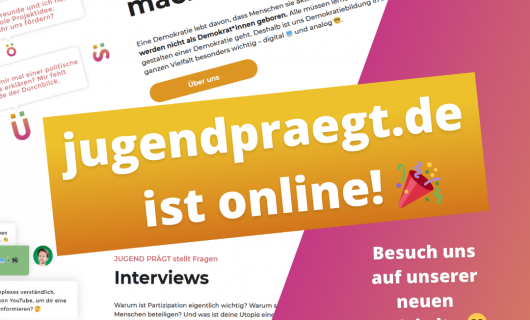 Ein Bild der Website Jugend Prägt mit verschiedenen Schlagworten wie Demokratie und Interviews.
