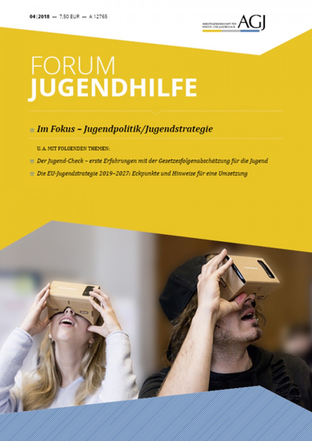 Bild der Publikation Forum Jugendhilfe, eine Frau und ein Mann schauen durch zwei virtuelle Brillen.